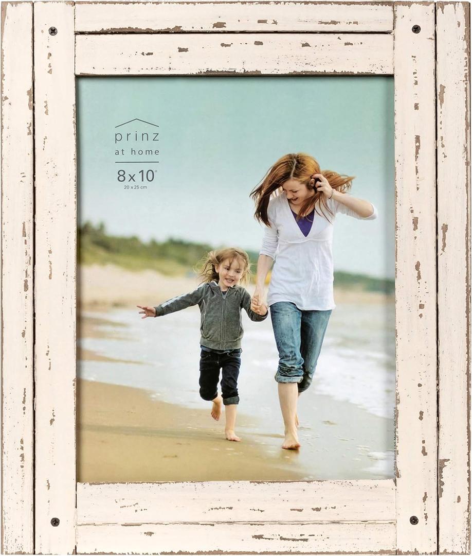 Prinz Homestead 8x10 Distressed Wood Picture Frame, Antique White, Tabletop or Wall Mount