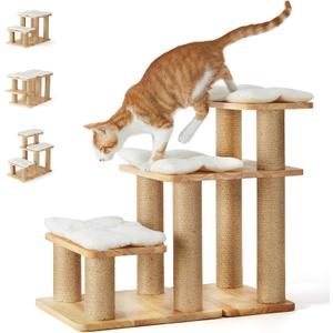 FUKUMARU Dog Stairs, Solid Wood Pet Stairs with Cat Scratching Post, Transformable Cat Ramp Can Hold Up to 200 lbs, 20 Inch Pet Steps for Dogs and Cats to Climb High Bed and Couch, Over 6 Combinations