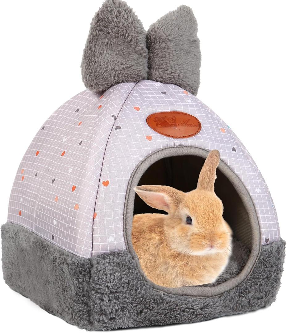 Bunny Bed Hideouts House Ferrets Rats Hedgehogs Chinchilla Cage Accessory for Rabbit Guinea Pig Hamster Cozy and Warm Rabbit Bed with Cute Bowknot Rabbits Hamster Bunny (Grey)