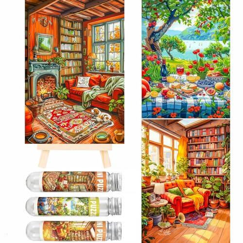 Small Jigsaw Puzzles for Adults 150 Pieces Vintage Painting Mini Jigsaw Puzzles Challenging 6 x 4 Inches, 3 Pcs,Mini Easel Included