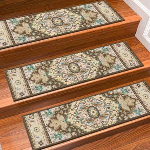 Stair Treads for Wooden Steps Indoor, 15 Pack 8" X 30" Non Slip Carpet Stair Treads with Reusable Adhesive for Kids Elders and Dogs, TPR Backing Stair Rugs Oriental Staircase Step Treads,Bohemia (Dark Brown)