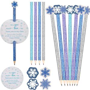 Jetec 20 Sets Christmas Glitter Pencils with Snowflake Eraser Toppers and Cute Round Snowflake Cards Fun Winter Holiday Pencils Xmas Gifts for Student Teachers School Classroom Party Reward Supplies