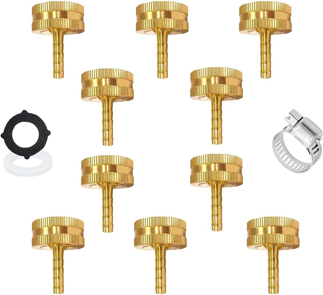 AOPANDA 3/8" Barb x 3/4 Female GHT Thread Solid Brass Water Hose End Repair Connector, Includes Stainless Steel Clamps and gaskets(10PCS)