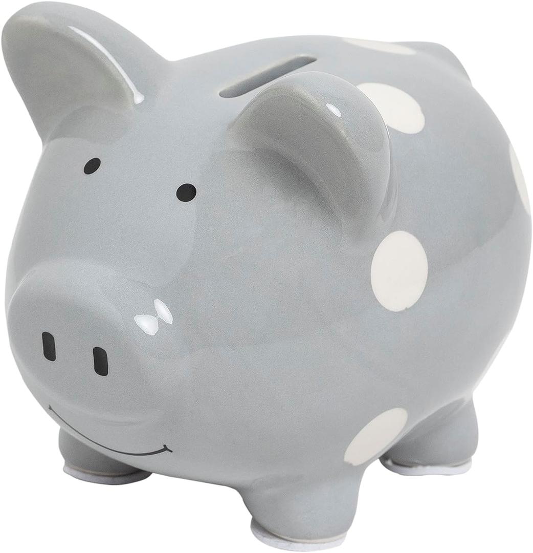 Kate & Milo Mini Ceramic Piggy Bank, Gender Neutral Nursery Dcor, Baby Girl and Baby Girl Keepsake Gift, Gray with White Polka Dots