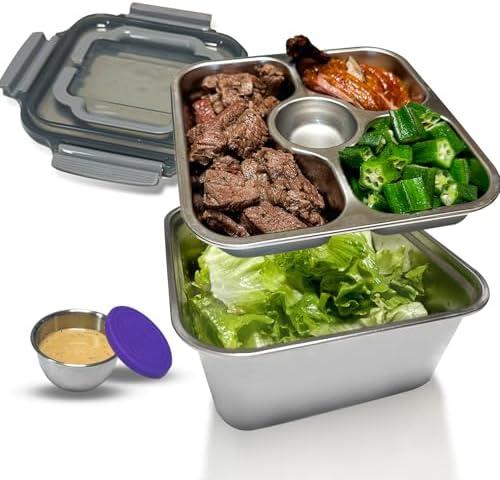 Salad Container for Lunch Stainless Steeel Salad Container 60-oz Salad Bowl with Lid 4-Compartment Bento-Style Tray, 1.5-oz Salad Dressing Container,Dishwasher, Microwave, and Oven Safe (Gray Lid)