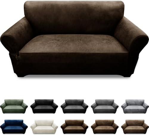 Pfrstuv Loveseat Sofa Slipcover Leather Look Couch Covers for 2 Seater Couch Sofa 1-Piece Sofa Cover Stretch Furniture Protector with Elastic Bottom & Pockets(Loveseat, Coffee)