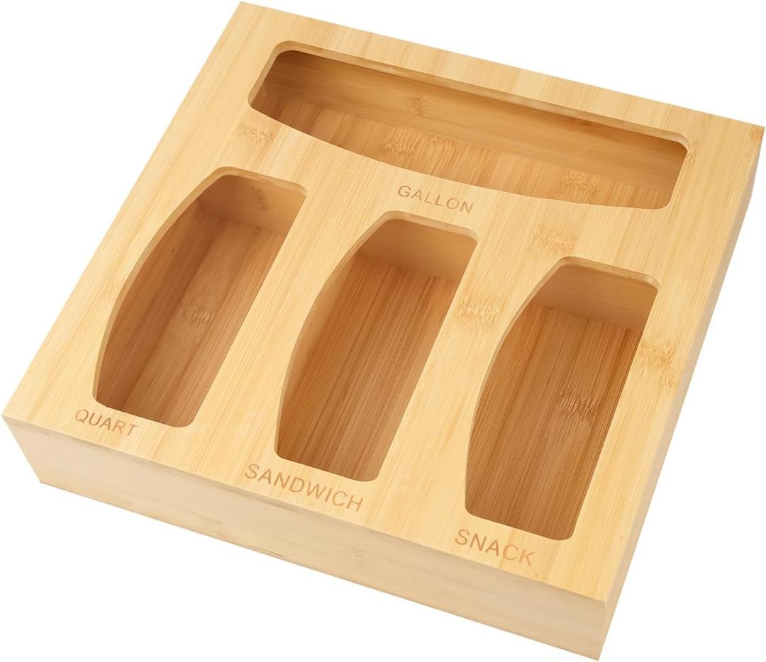Plastic Bag Organizer, Bamboo Food Storage Bags Container Organizer for Drawer, Baggie Bags Storage for Drawer Compatible Sandwich Variety Size Bags