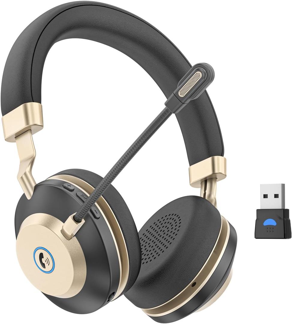 Wireless Headset - V5.3 Bluetooth Headset with Microphone Noise Canceling & USB Dongle, On Ear Computer Headphones with Mic Mute for Teams Skype Zoom Phone Laptop Meetings Work