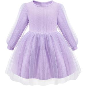 Little Bitty Girls Long Sleeve A-Line Tulle Princess Dress, Midi Length Casual Party Ribbed Knit Top Tulle Skirt 4-13 Years (5T)