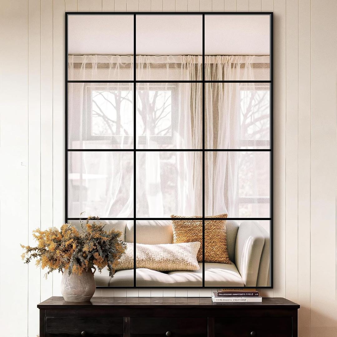 Window Pane Wall Mirror, 40"x30" Wall Mounted Window Mirror for Living Room, Bedroom, Entryway, Dining Room, Home Wall Decor (Black)