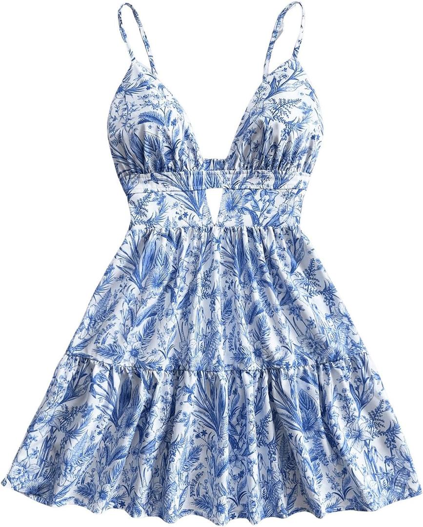 MakeMeChic Women's Spaghetti Strap Backless Cami Dress Cut Out Ruffle Tiered A Line Summer Mini Dresses Sundress (Light Blue White) S