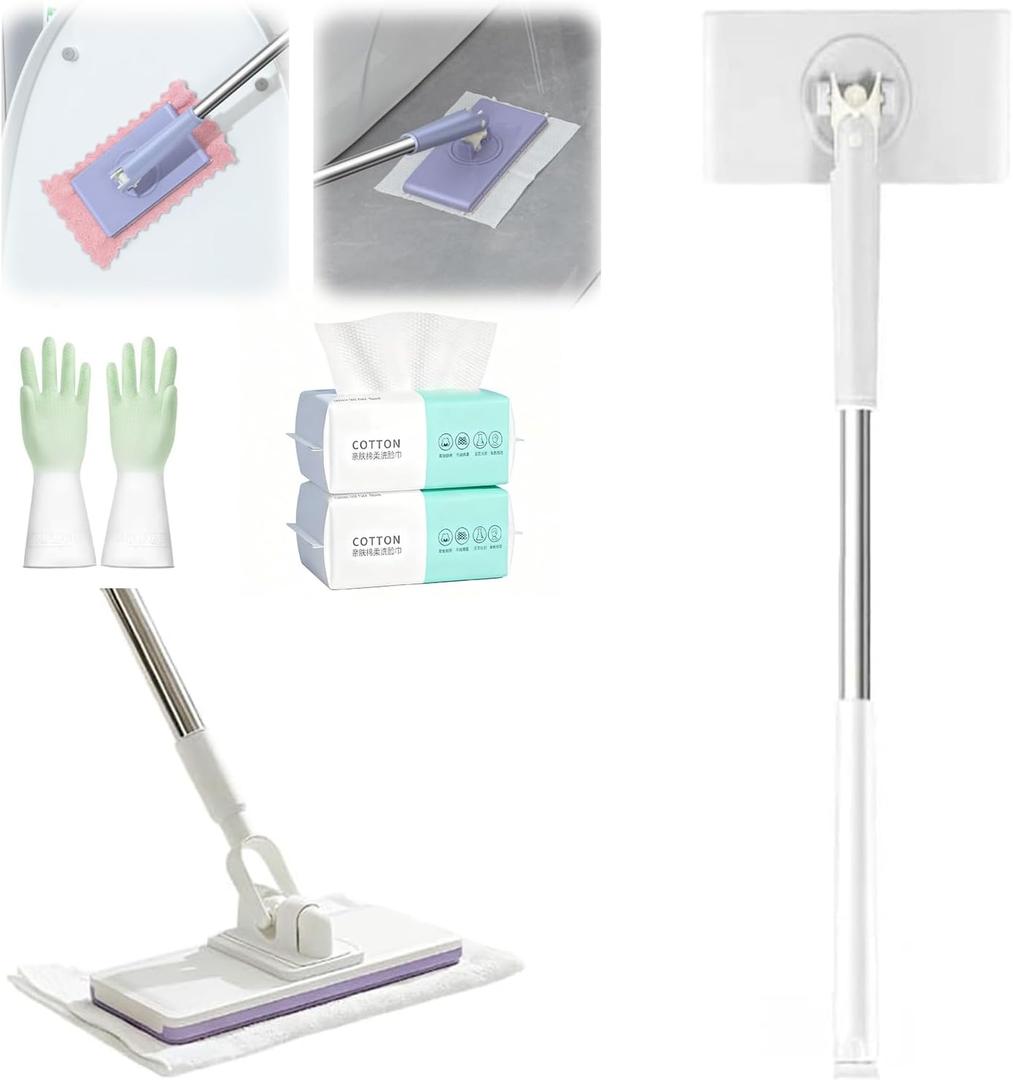 Snap Grip Mini Mop,Cloth Changing Mini Mop 44.5 inch Lazy Automatic Gripping Zero Touch Grip Mops Compatible with Swiffer & Face Towels 360 Rotating Mops for Whole House (2 Face Towels)