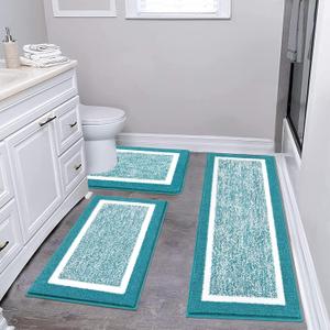Pauwer 3 Piece Bath Mat Set, Non Slip Plush Bathroom Mats, Absorbent Shaggy Bathroom Rug Set with U-Shaped Contour Toilet Mat for Bedroom Living Room, Aqua Blue (18"x26"+18"x48"+U Shape 20"x24")