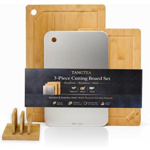 Bamboo Cutting Board Set with Stand - Small Cutting Boards for Kitchen & 316 Stainless Steel Defrosting Tray, 3-Piece Prep Station with Juice Grooves, Sturdy Heat Resistant Trivet for Hot Pans