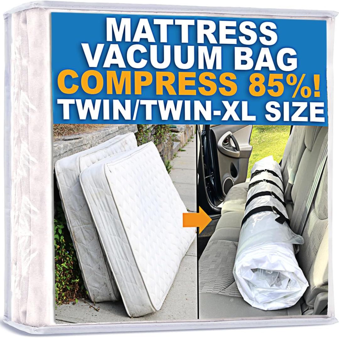 Mattress Vacuum Bag for Moving, Vacuum Seal Mattress Bag for Memory Foam or Inner Spring Mattresses, Compression and Storage for Returns, Leakproof Valve and Double Zip Seal (Twin/Twin-XL) (Clear)