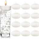 Nuanchu 12 Pieces 1. 65 Inch Floating Candles for Wedding Centerpiece, Small Unscented Floating Round Tealights Metallic Smooth Wax Disc Candles for Graduation Dinner Home Decor(White)