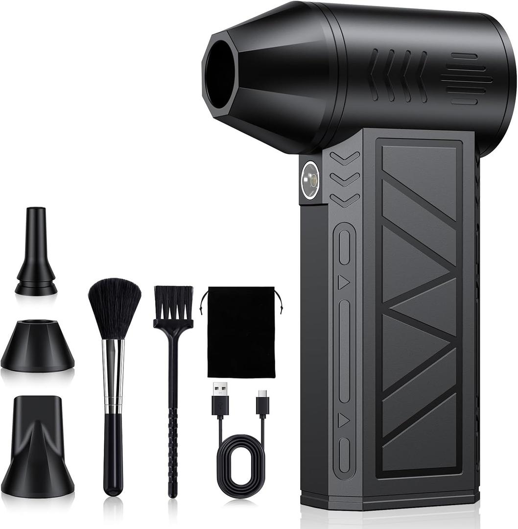 Compressed Air Duster, 130000 RPM High-Speed Electric Air Duster with Brushless Motor, 3 Magnetic Nozzles, 4 Speeds, LED Light & 5000mAh Rechargeable Battery for PC Keyboard Car Cleaning