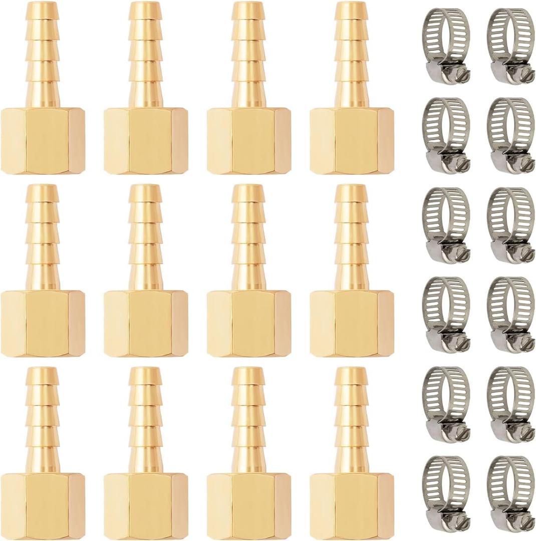 SUNGATOR 12-Pack 3/8'' Barb to 1/4'' Female NPT Brass Hose Barb Fittings, 3/8 Inch x 1/4 Inch NPT Female Air Line Connectors, Brass Barbed Air Hose Repair Fittings with 12 Clamps