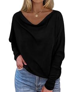 Okiwam Women's Fall Tops Cowl Neck Long Batwing Sleeve Shirts Oversized Tunic Dressy Casual Blouses 2026 Fashion Clothes-XS Black