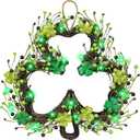 St Patricks Day Decorations, Shamrocks Wreath for Front Door, 20 Green Lights Timer Battery Operated 18 Inch 10 Shamrocks 162 Berries Battery Operated Spring Artificial Wreath St. Patrick's Day Decor