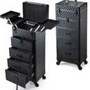 Stagiant Rolling Makeup Case with Drawers Cosmetology Case on Wheels 5 IN 1 Makeup Case 4 Drawers with Foot Stand Spring-release Mechanism Rolling Make Up Organizer for Artist Salon Nail Teach Trunk