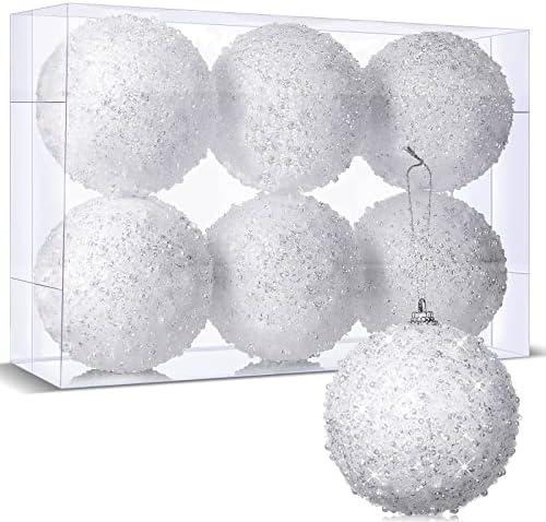 BBTO 8 Pieces 4 Inch Christmas Ball Ornament Christmas Tree Hanging Ornaments White Glitter Xmas Decor for Wedding Home Indoor Outdoor Tabletop Party