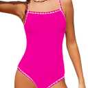 WIQI Girls Swimsuit One Piece Bathing Suit Color Contrast Trim Girls' Swimwear with Cover Up Skirt Size 9-16 (13-14 Years, Hot Pink)