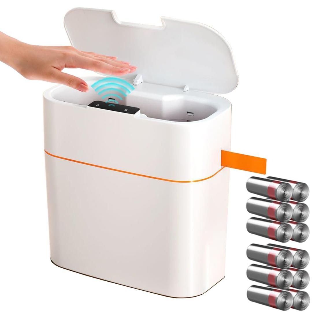 Touchless Bathroom Trash Can with Lid, 3.2 Gallons Motion Sensor Garbage Can, Automatic Plastic Slim Trash Bin for Kitchen,Bedroom,Living Room, Office, RV, with 144 Pack Drawstring Garbage Bags (12L)