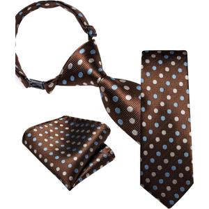 Barry.Wang Pre-Tied for Boys Solid Neckties and Pocket Square Set Adjustable Ties 15'' Teenager School Graduation Performance (Brown Polka Dots)