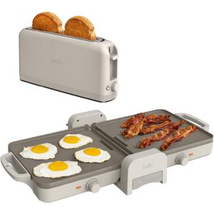 BELLA 10 x 20 in Fold-n-Store Dual Temp Griddle + 2 Slice Slim toaster, Fits-anywhere Kitchenware, Slim Toaster w 6 Shades Control & Griddle w EverGood Ceramic Nonstick Coating, Oatmilk