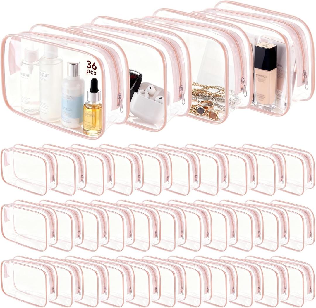 VZZNN 36 Pack Clear Makeup Bag Bulk Clear Makeup Bags with Zipper, PVC Waterproof Cosmetic Organizer Case for Makeup Artists, for Travel, Pouches for Skin Care Products, Brushes, Tools, Pink