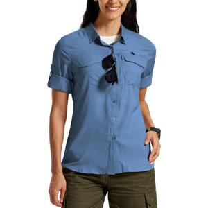 MoFiz Women's UPF 50 Long Sleeve UV Sun Protection Safari Shirts Outdoor Lightweight Quick Dry Fishing Hiking Travel Shirts Gray Blue L (Blue, L)