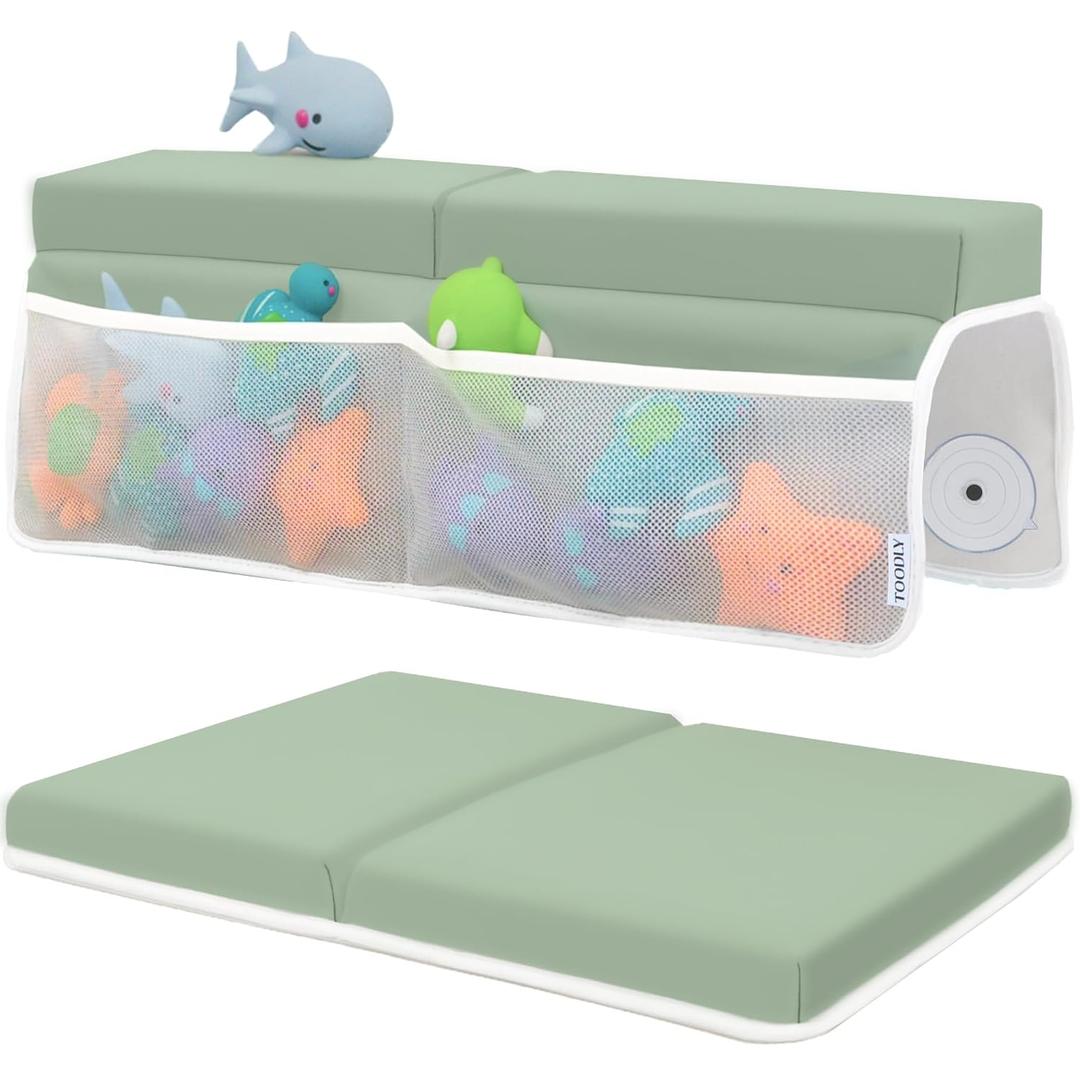 Comfortable Baby Bath Kneeler and Elbow Rest Pad Set Thick Memory Foam Bath Kneeling Pad with Elbow Support Baby Bathtub Cushion with Toy Organizer for Bathing Infant or Toddler - Green