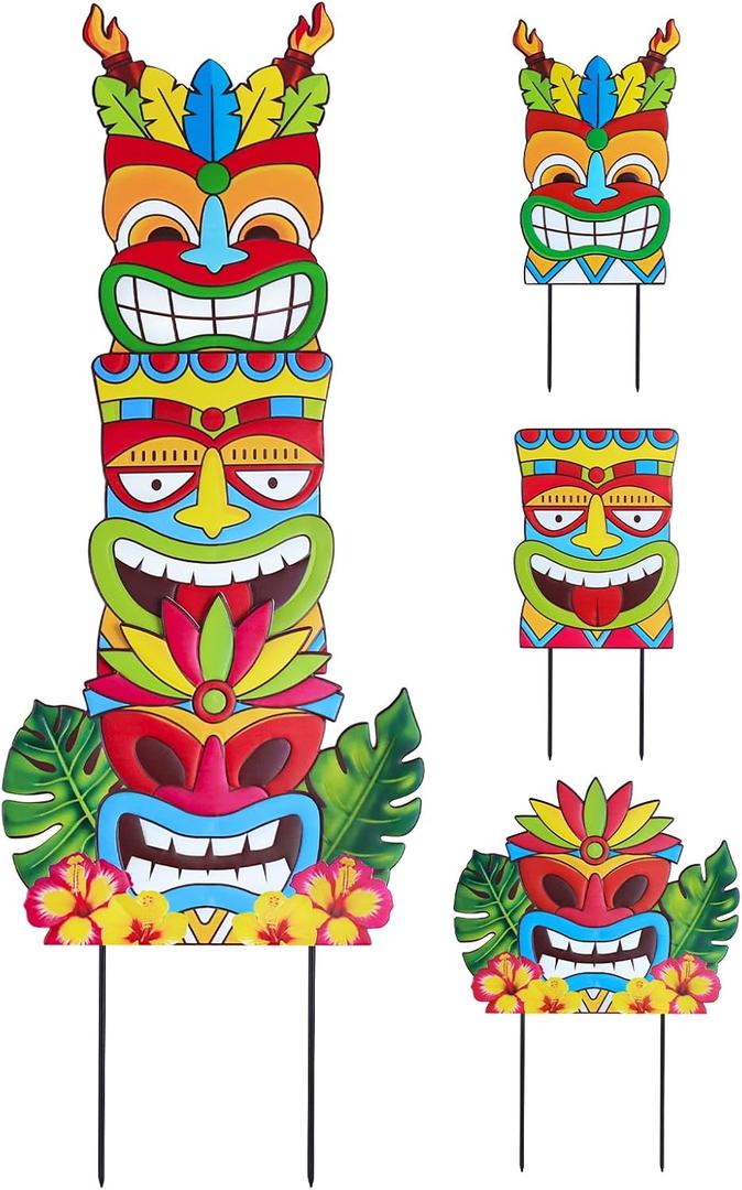 hogardeck Luau Party Decorations, Metal 3 Stacked Tiki Decorative Garden Stakes for Luau Outdoor, Hawaiian Party Decorations Tiki Yard Signs for Tropical Outdoor Garden Lawn
