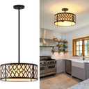 SGLfarmty 15.7" Black Drum Chandelier, 3-Light Semi Flush Mount Ceiling Drum Light Fixture with White Fabric Shade, Farmhouse Hanging Pendant Light for Dining Room Kitchen Island Bedroom
