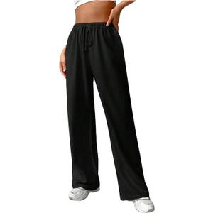WDIRARA Women's Drawstring Waist Wide Leg Pants Casual Tie Front Pants (Black, S)