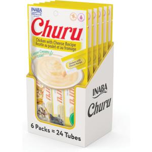 INABA Churu Cat Treats, Grain-Free, Lickable, Squeezable Creamy Pure Cat Treat/Topper with Vitamin E & Taurine, 0.5 Ounces Each Tube, 24 Tubes (4 per Pack), Chicken with Cheese Recipe, Best By: 01/15/2026