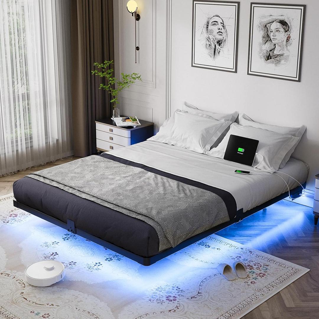 OLEVS Floating Bed Frame Queen Size with Smart LED Lights and Charging Station - Modern Metal Platform Bed, Easy Assembly No Box Spring Needed