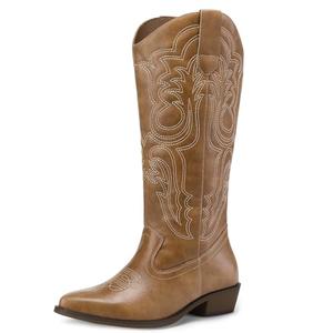 Mysoft Women's Cowboy Boots Mid Calf Western Embroidered Pointed Toe Chunky Heel Pull On Cowgirl Boots Fit Medium Wide Width 7W