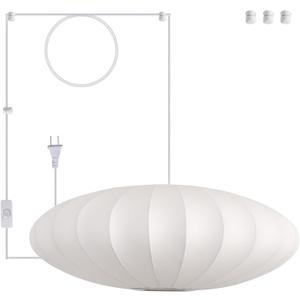 23.6in Plug in Lantern Pendant Light, Large White Imitation Silk Pendant Light Wabi Sabi Saucer Japanese Bubble Hanging Lamp Chandelier for Living Dinning Room Kitchen Island Bedroom 1 Pack