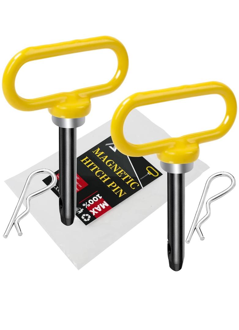 2 Packs Magnetic Hitch Pin, Lawn Mower Trailer Hitch Pins 1/2 Inch with Handle and Clip, Trailer Gate Pin for Mowers, Tractor Truck, Towing Cargo, ATV - Simple One Handed Hook On & Off (Yellow)