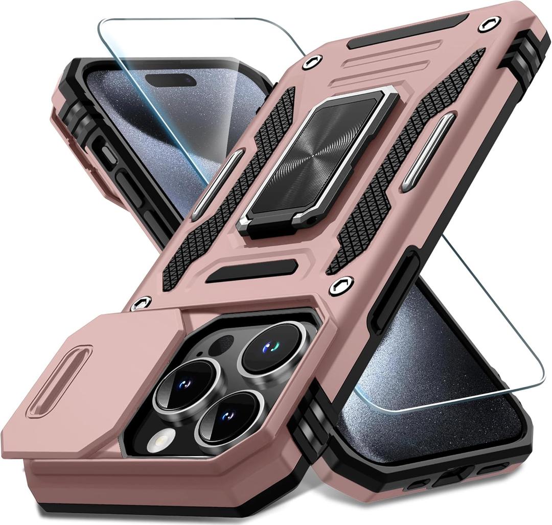 3 x DEERLAMN Case for iPhone 15 Pro with Slide Camera Cover+Screen Protector(1 Pack), Rotated Ring Kickstand Military Grade Shockproof Protective Cover 6.1 Inch-Rose Gold