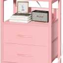 Yoobure Nightstand with Charging Station, Small Night Stand with Fabric Drawers and Storage Shelf for Bedrooms, Nightstands for Small Spaces, Bedside Table with USB Ports & Outlets Bed Side Table (Pink)