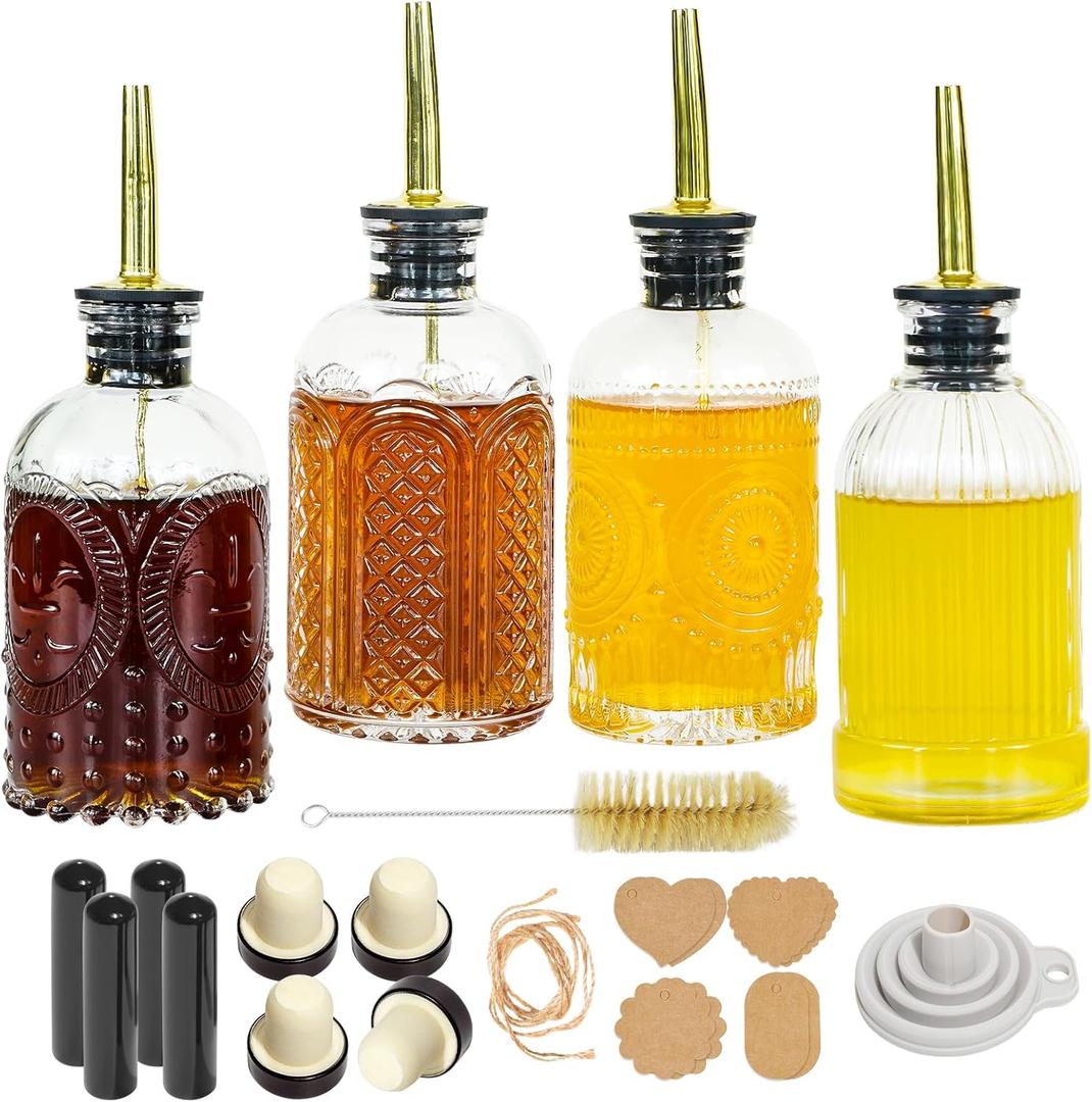 Oudizz Syrup Dispenser Bottles Set,4 pcs 7oz Glass Coffee Syrup Bottle,Coffee Bar Accessories with Metal Pour Spout Ideal and labels for Coffee Syrups,Coffee bar