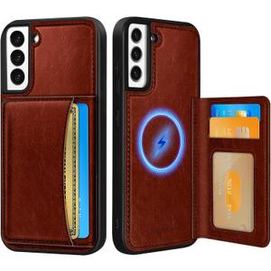 Uppuppy for Samsung Galaxy S21 Case with Wallet - Fits 4 Card Slots, Compatible with MagSafe for Women Men Aesthetic Durable PU Leather Credit Card Holder Kickstand Phone Cover for Samsung S21, Brown