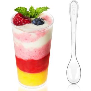 Zezzxu 50 x 3 oz Mini Dessert Cups with Spoons, Shooters, Reusable Round Tall Plastic Shooter Cups for Event Party Parfait Appetizers Dessert Shot Glasses