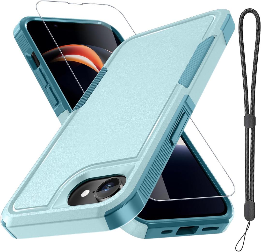 RMOCR for iPhone 16E Case with Screen Protector,Military Grade Heavy Duty Shockproof Phone Cover with Wrist Lanyard Strap for iPhone 16E 2025 Released,Mint Green