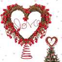 9.84 Inch Valentine Tree Topper Valentine Wreath Heart Shape Rattan Treetop Tree Topper with Red Pink Berry Heart for Valentines Wedding Holiday Party Mantel DIY Craft