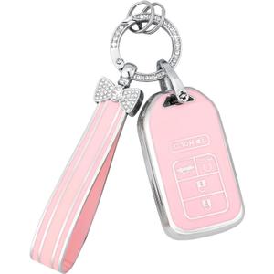 PIFOOG Pink Key Fob Cover for Honda Accord CRV Civic Pilot Passport Insight Accessories 5 Buttons Car Keys Case Shell Protector Full Covers Bling Keychain Women Girly Cute TPU
