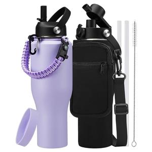 RRYFOUR 40 oz Water Bottle with Straw - Stainless Steel Insulated Water Bottle w/Survival Paracord Handle & Carrier Bag, Keep Cold-48H & Hot-24H, Thermo Coffee Cups Fits in Car Cup Holder
